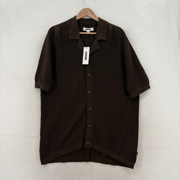 Dkny Other - DKNY Crochet Cotton Knit Polo Sweater Mens L Brown Button Front Short Sleeve NWT